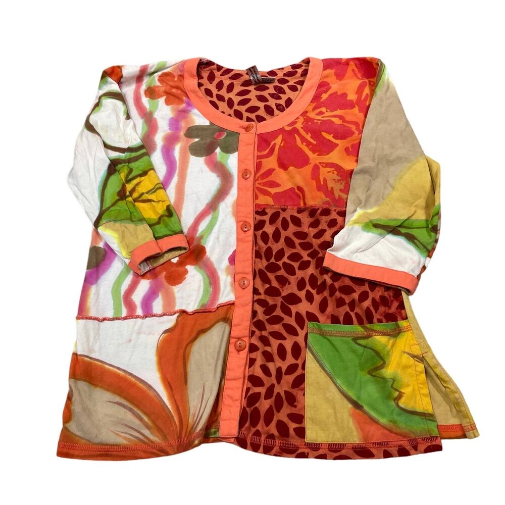 Winter Sun Womens Size M Patchwork Multi Print Button Front Cotton Shirt Boho